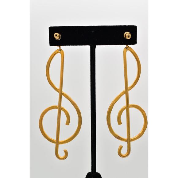 Vintage Treble Clef Earrings Dangle Brushed Gold Matte Long Chunky NOS 1980s A23 - Picture 10 of 12